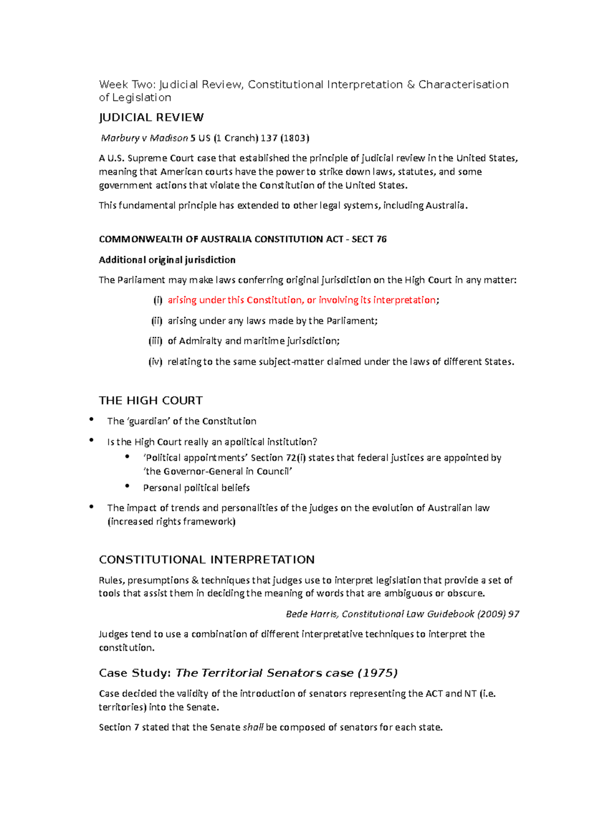 Week Two Lecture Notes - Week Two: Judicial Review, Constitutional ...