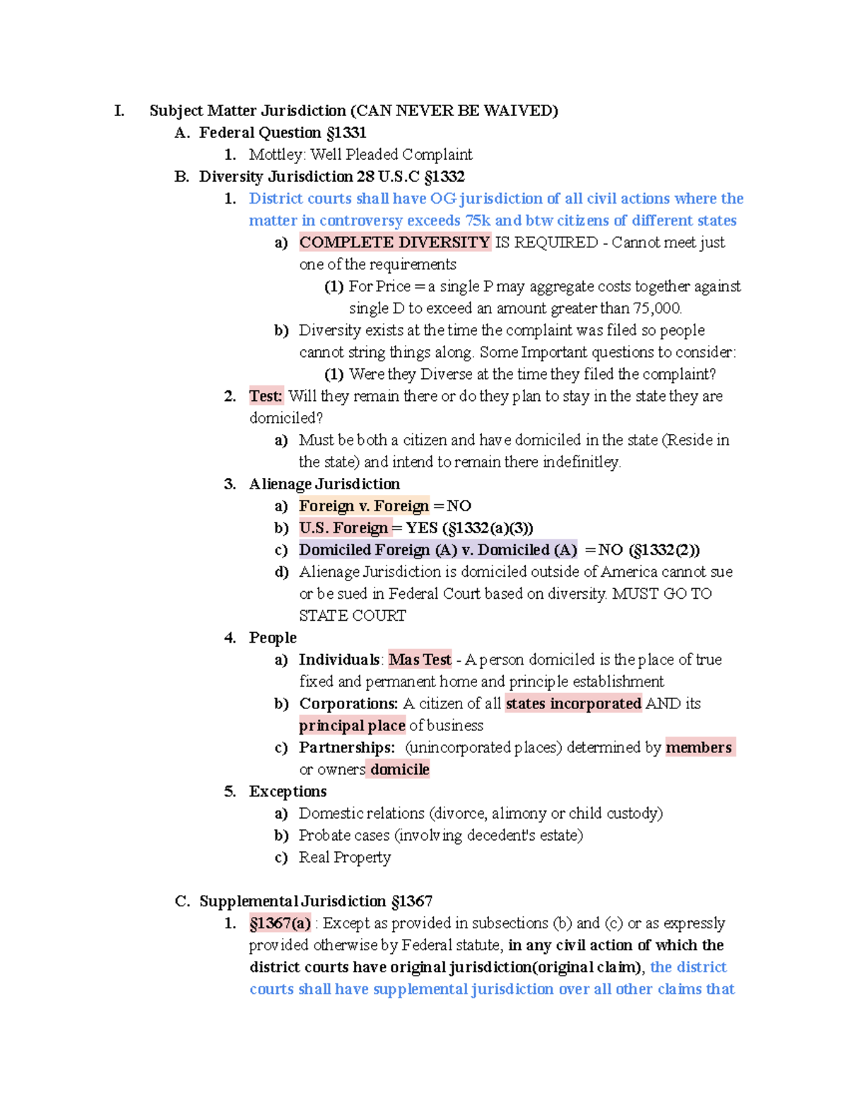 Civ Pro Outline (Pre Midterm Only)[20] - I. Subject Matter Jurisdiction ...