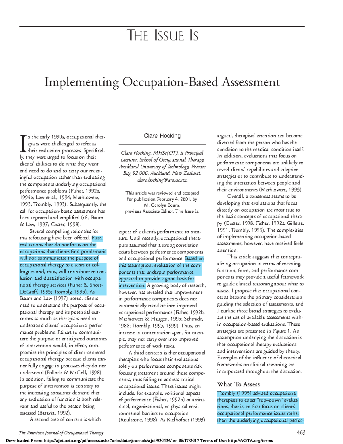 Hocking, C. Implementing Occupation-based Assessment. The American ...