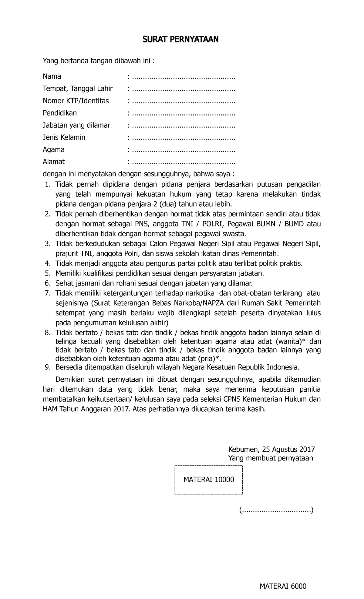 Surat Pernyataan Pendaftaran CPNS S1 D3 - SURAT PERNYATAAN Yang ...