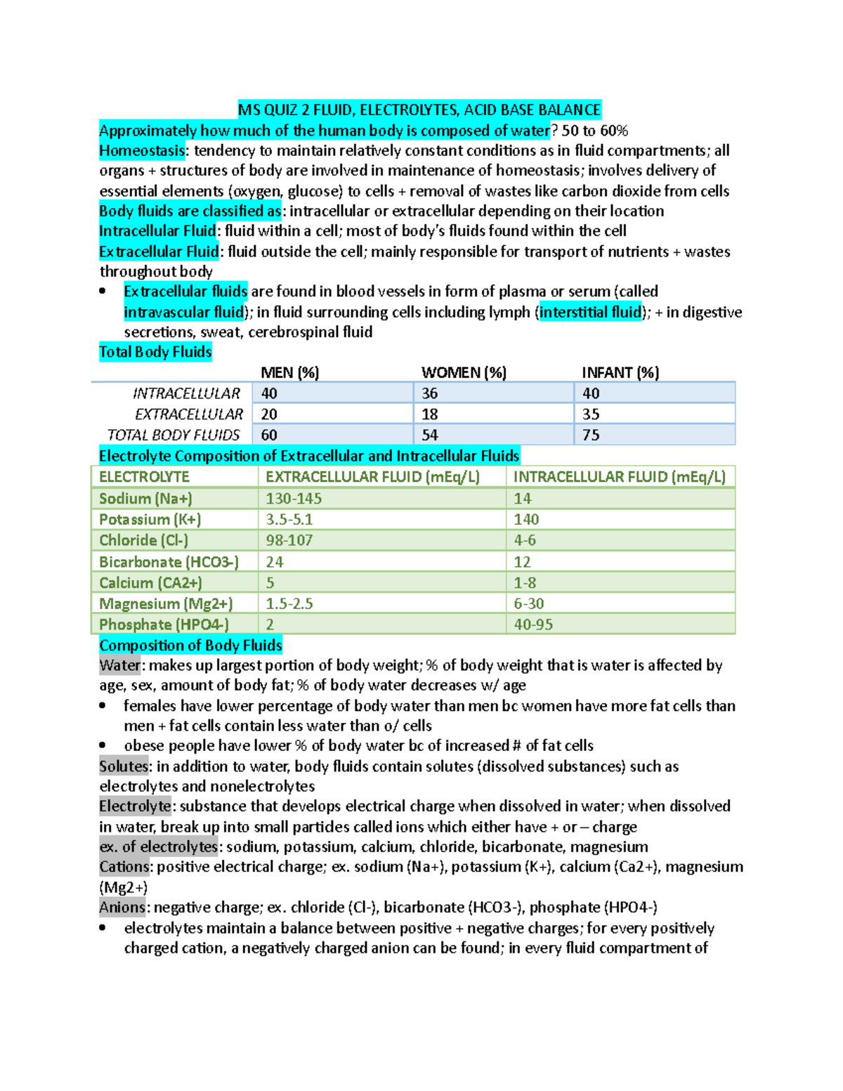 MS QUIZ 2 CH 6 Fluid, Electrolyte, ACID BASE Balance - MS QUIZ 2 FLUID ...