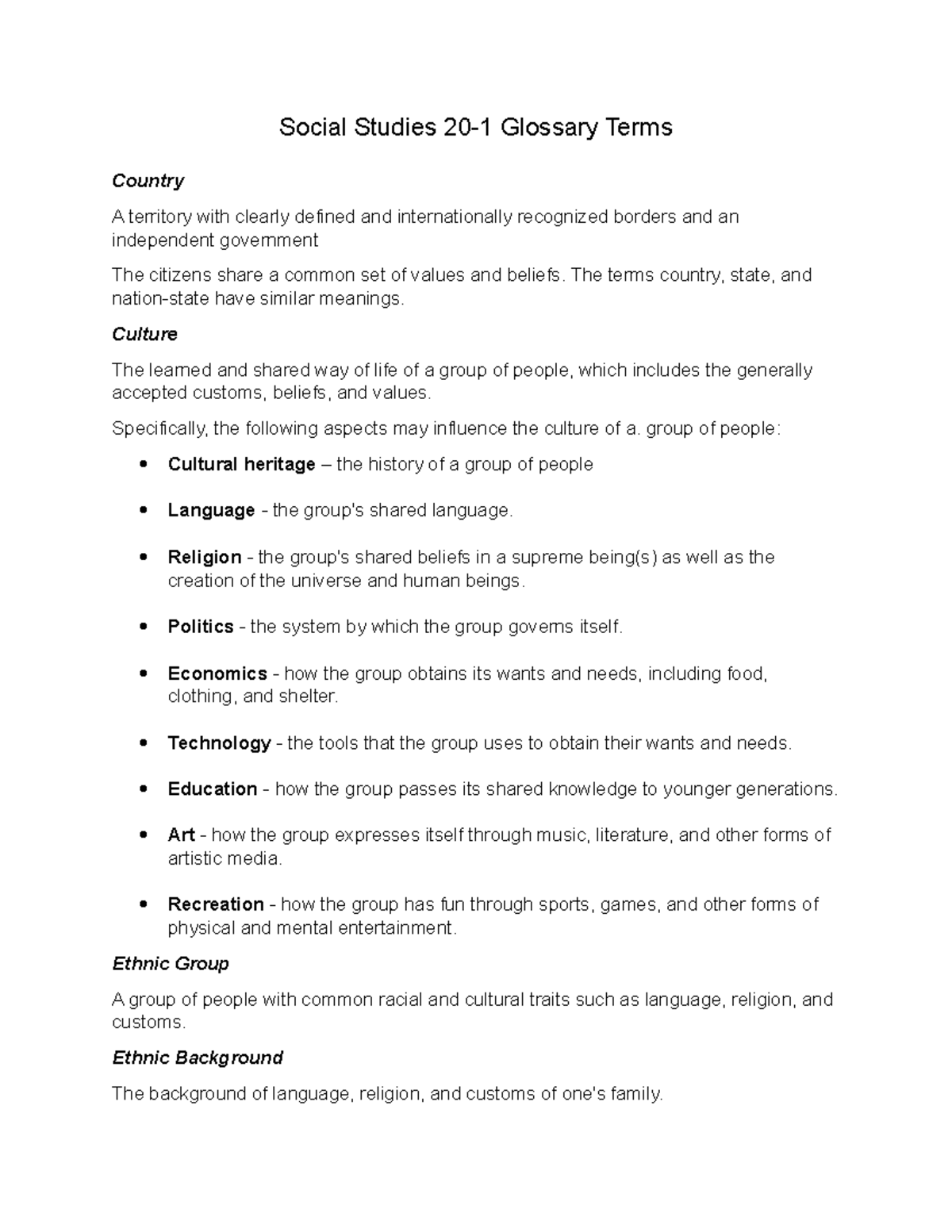 Glossary Terms Social 201 Social Studies 201 Glossary Terms Country A territory with