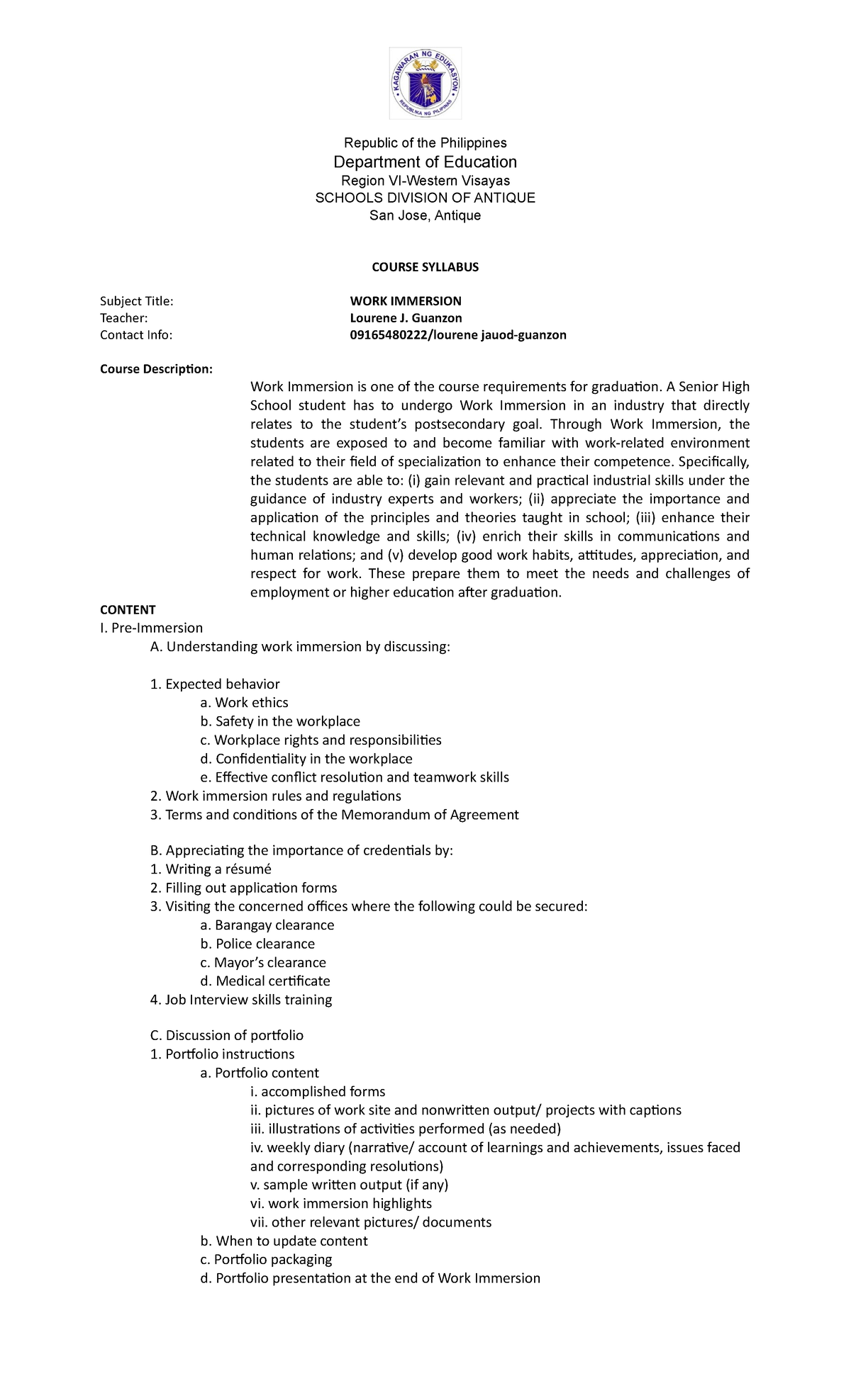Work Immersion - syllabus - Republic of the Philippines Department of ...