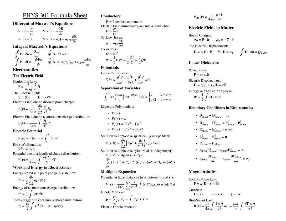 PHYS 301 Custom Formula Sheet - PHYS 301 Formula Sheet Differential ...