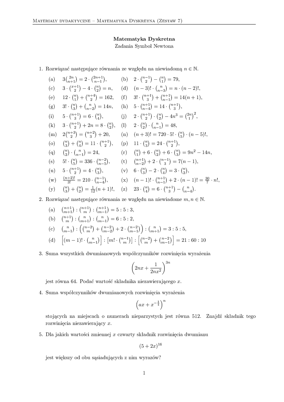 04 MD Zadania Symbol Newton - Matematyka Dyskretna Zadania Symbol ...