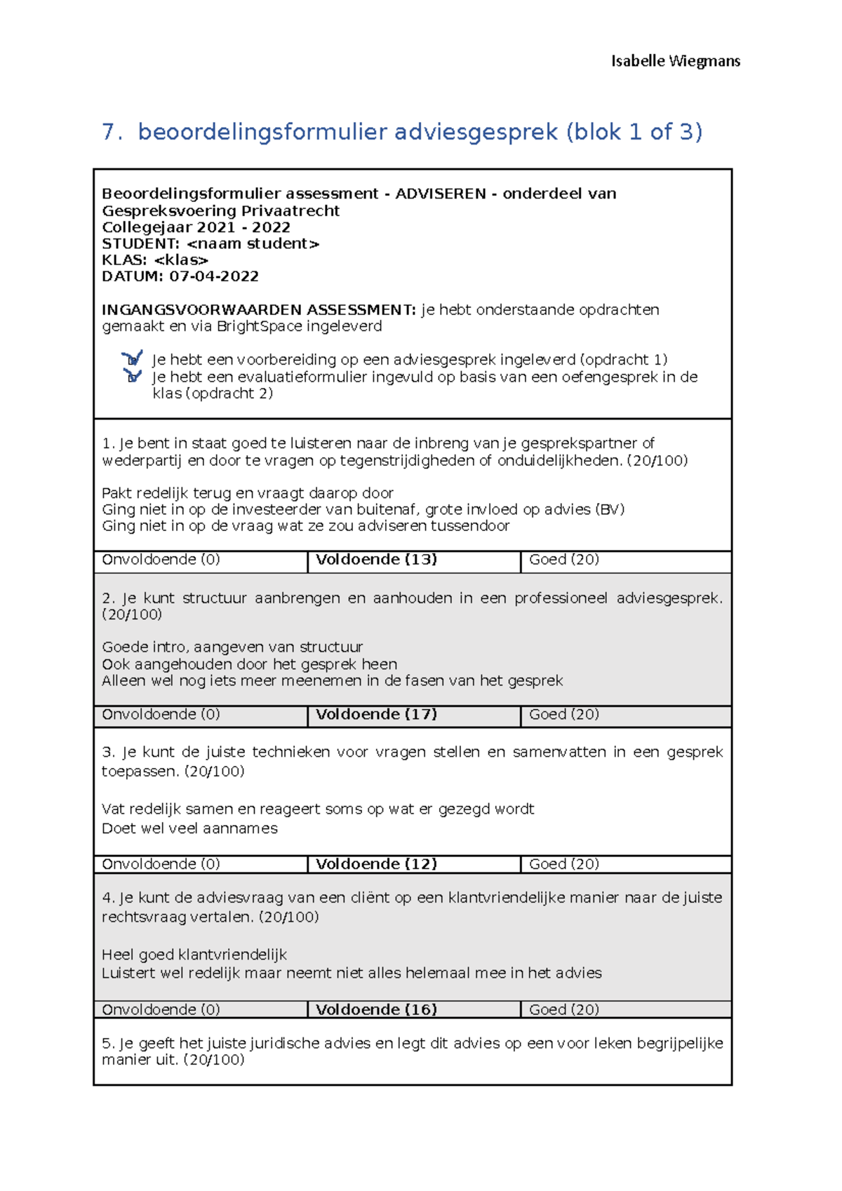 Opdracht 2 - Feedback Op Adviesgesprek - 7. Beoordelingsformulier ...