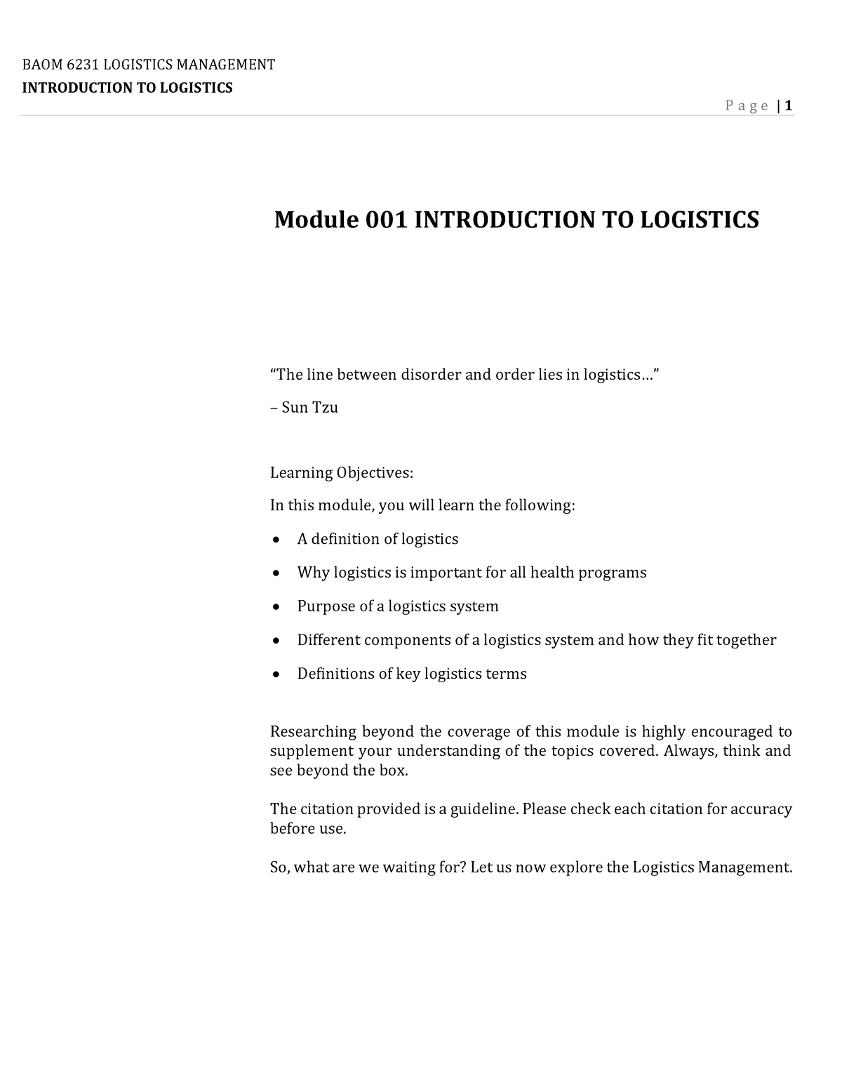 Week 1 Module 1- Introduction TO Logistics - INTRODUCTION TO LOGISTICS ...