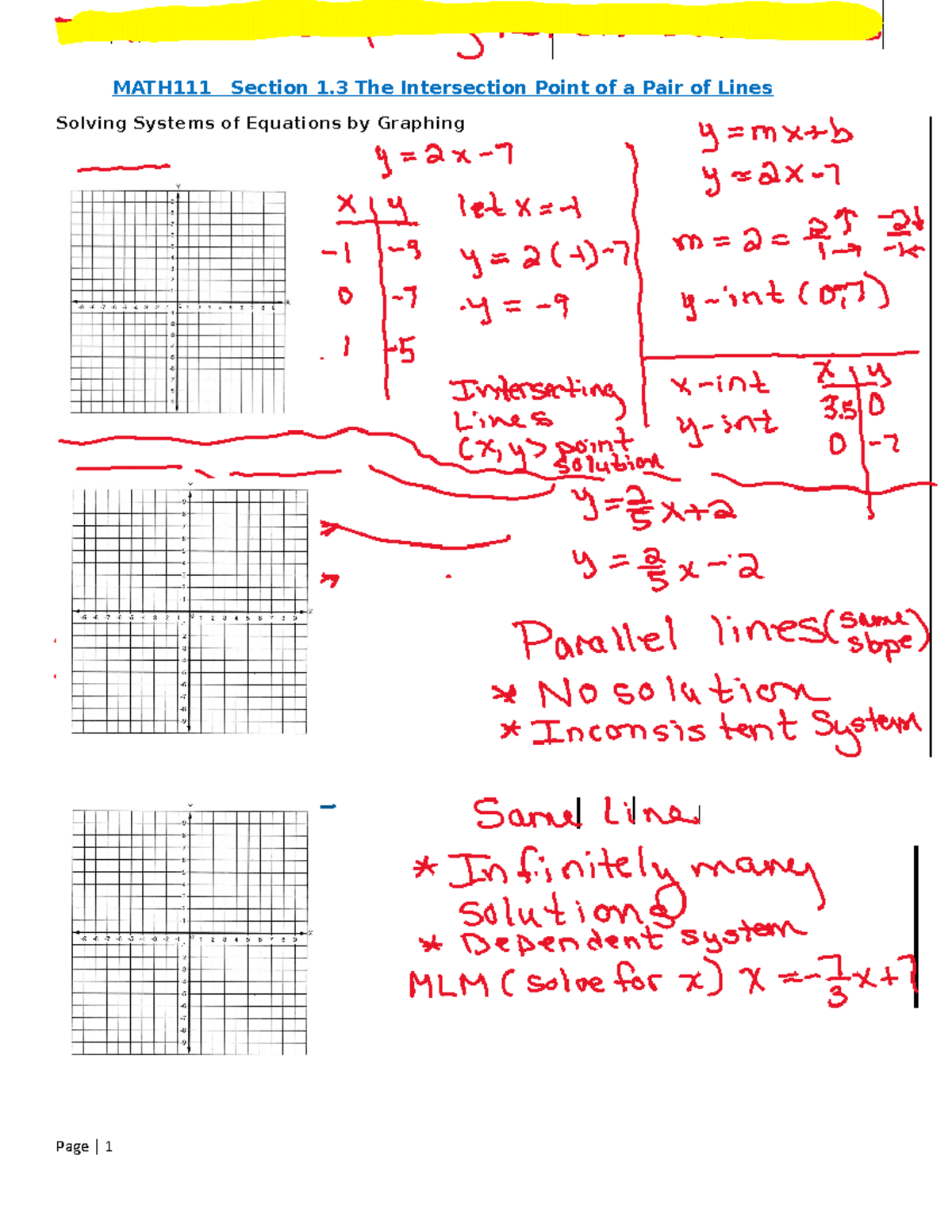 Section 1.3 The Intersection Point of a Pair of Lines - Solve the ...