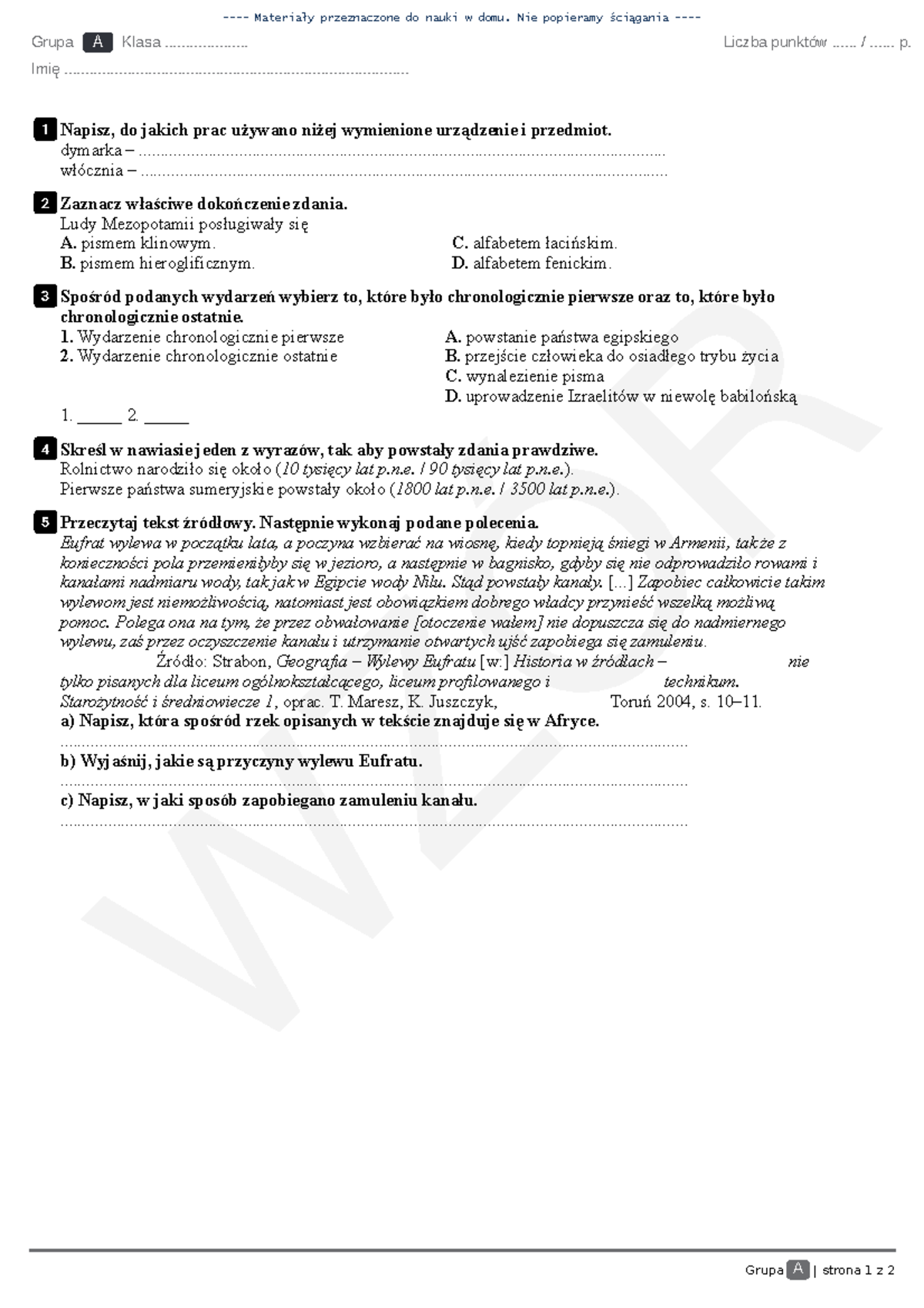 736596672 Wczoraj i dziś Klasa 5 Dział 1 Test 1 - Grupa A | strona 1 z