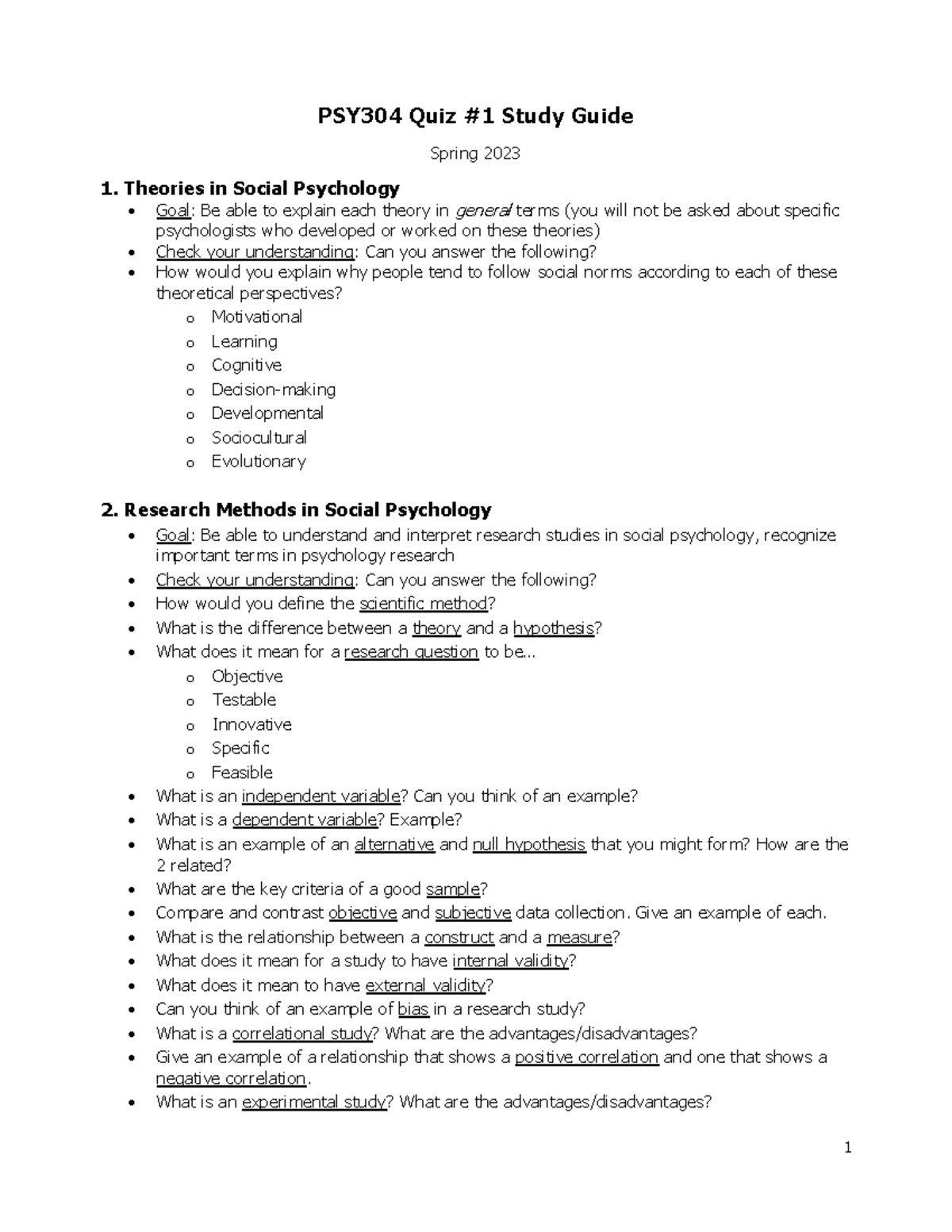 Quiz 1 Study Guide - PSY304 Quiz #1 Study Guide Spring 2023 1. Theories ...