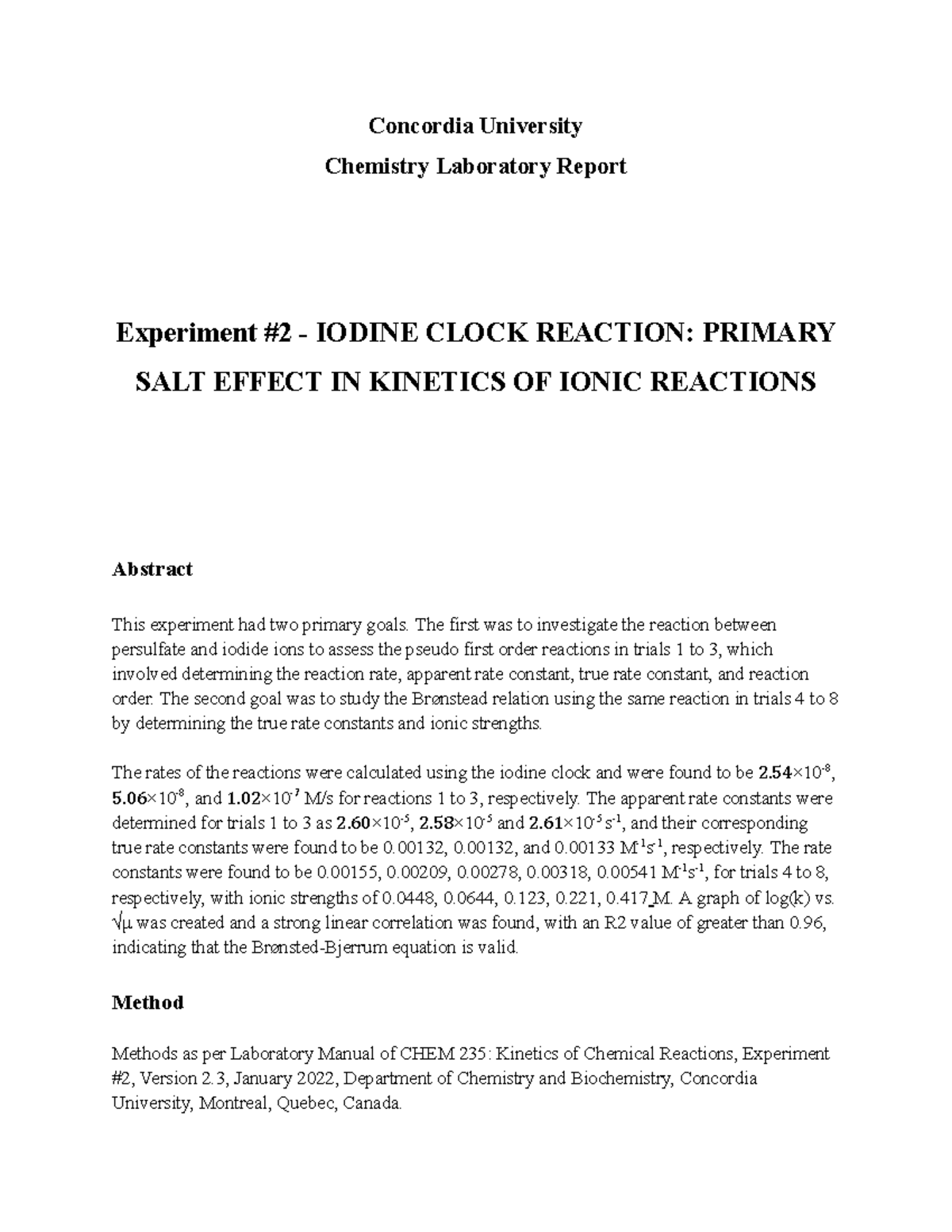 Lab 2 - Lab 2 Kinetics Iodine Clock - CHEM 235 - Concordia - Studocu