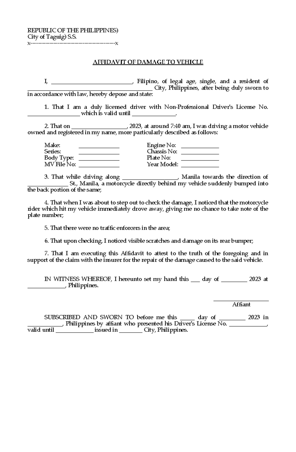 Affidavit OF Damage TO MV - REPUBLIC OF THE PHILIPPINES) City of Taguig ...