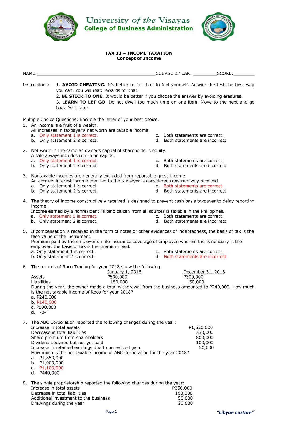 Quiz 2019 Questions And Answers Page 1 TAX 11 INCOME TAXATION 