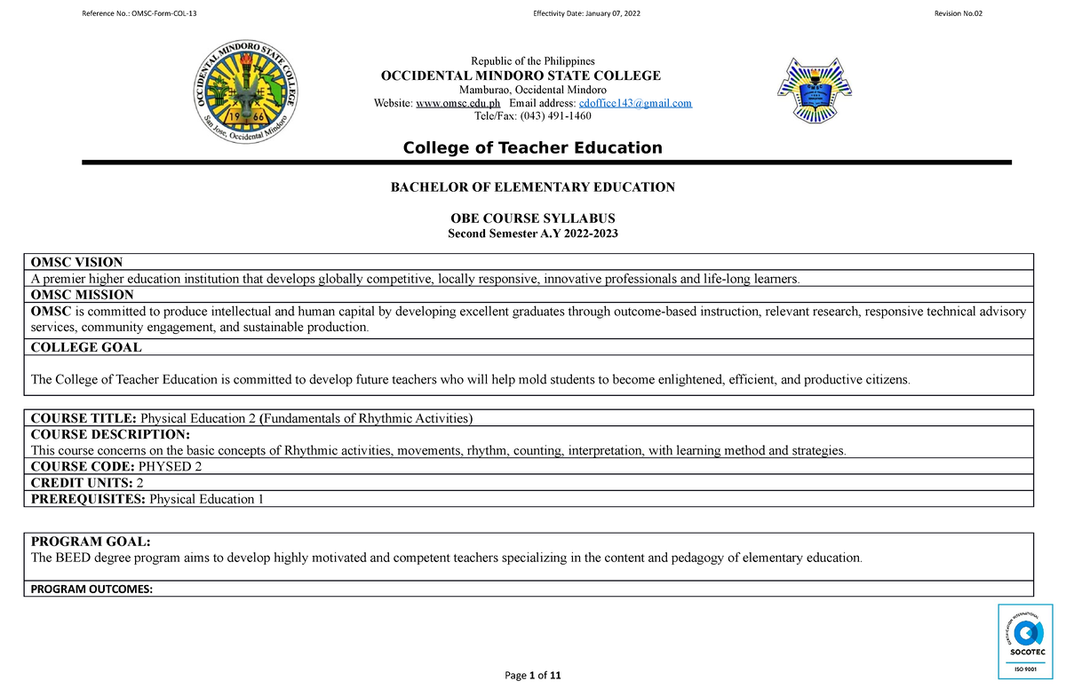 P.E-2-BEED Syllabus - Republic Of The Philippines OCCIDENTAL MINDORO ...