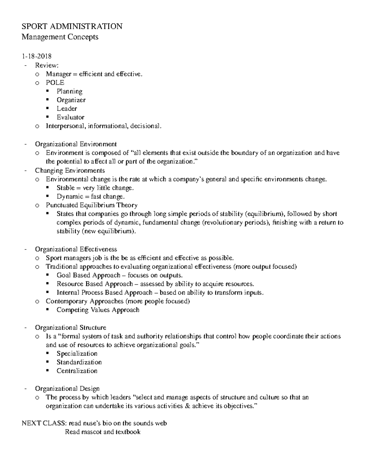 Sport Administration Notes SPORT ADMINISTRATION Management Concepts 118 Review o Manager