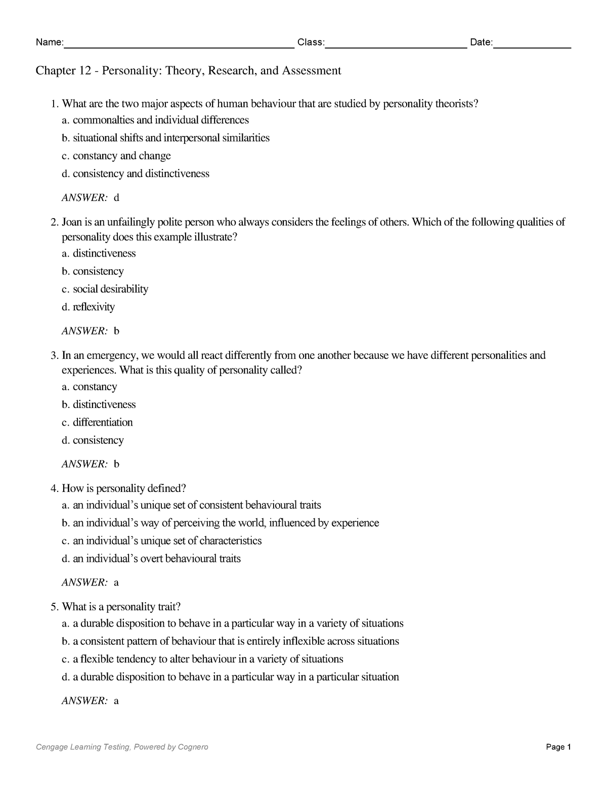 Chapter 12 Personality Theory Research And Assessment 1 What Are The Two Major Aspects Of