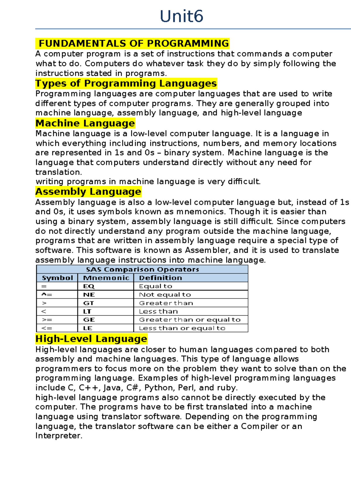 Python esk note 1 - Unit FUNDAMENTALS OF PROGRAMMING A computer program ...