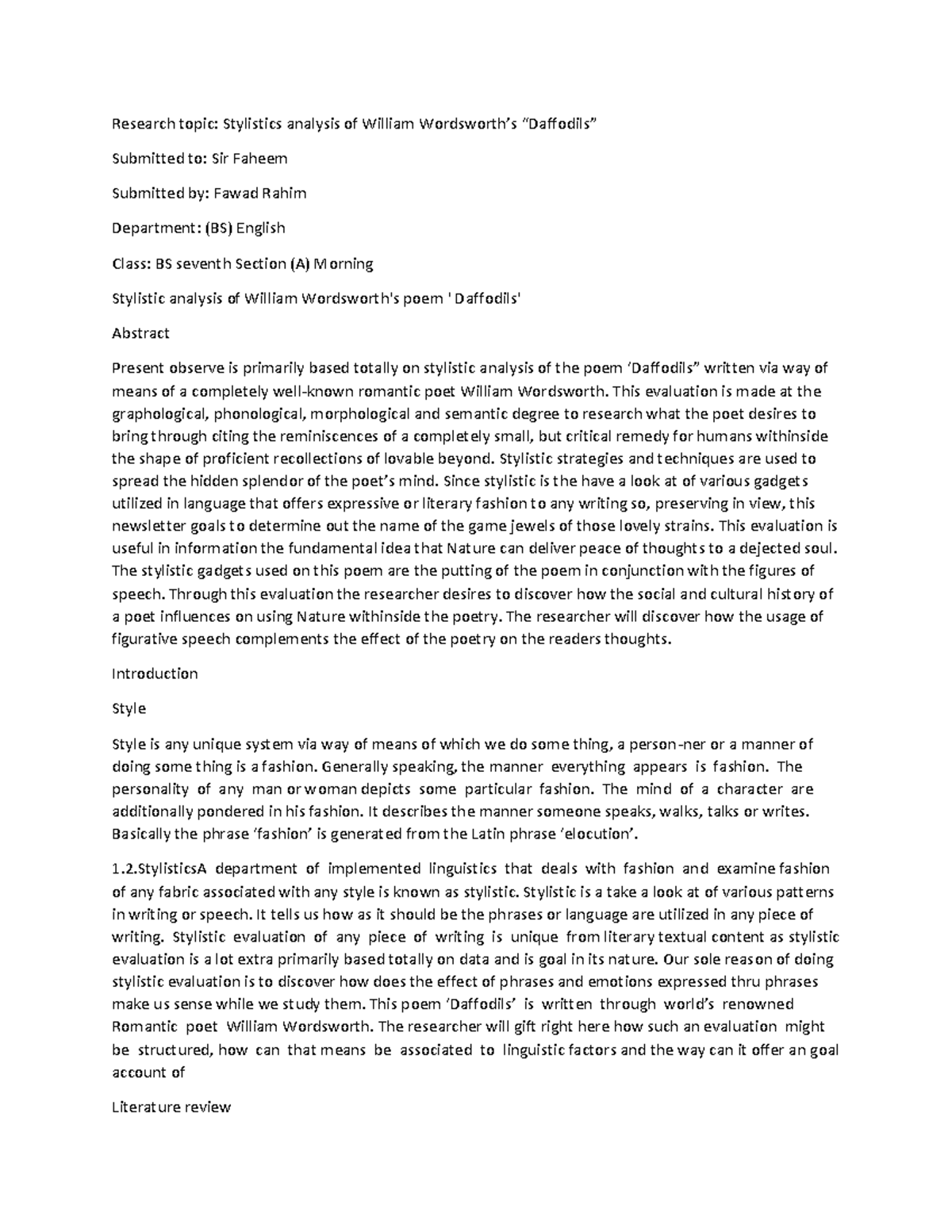 Fawad Rahim stylistic analysis of William Wordsworth's Daffodils sir