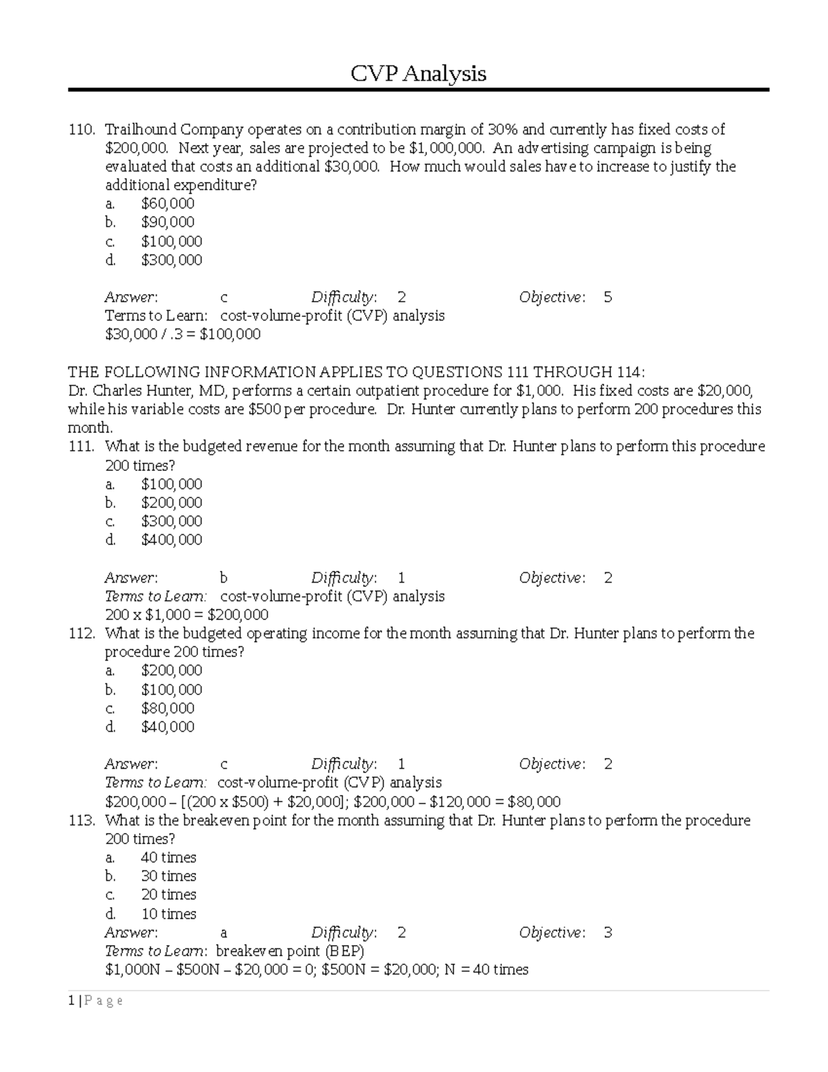 CVP Analysis Ch 6 Q and A - dada - CVP Analysis Trailhound Company ...