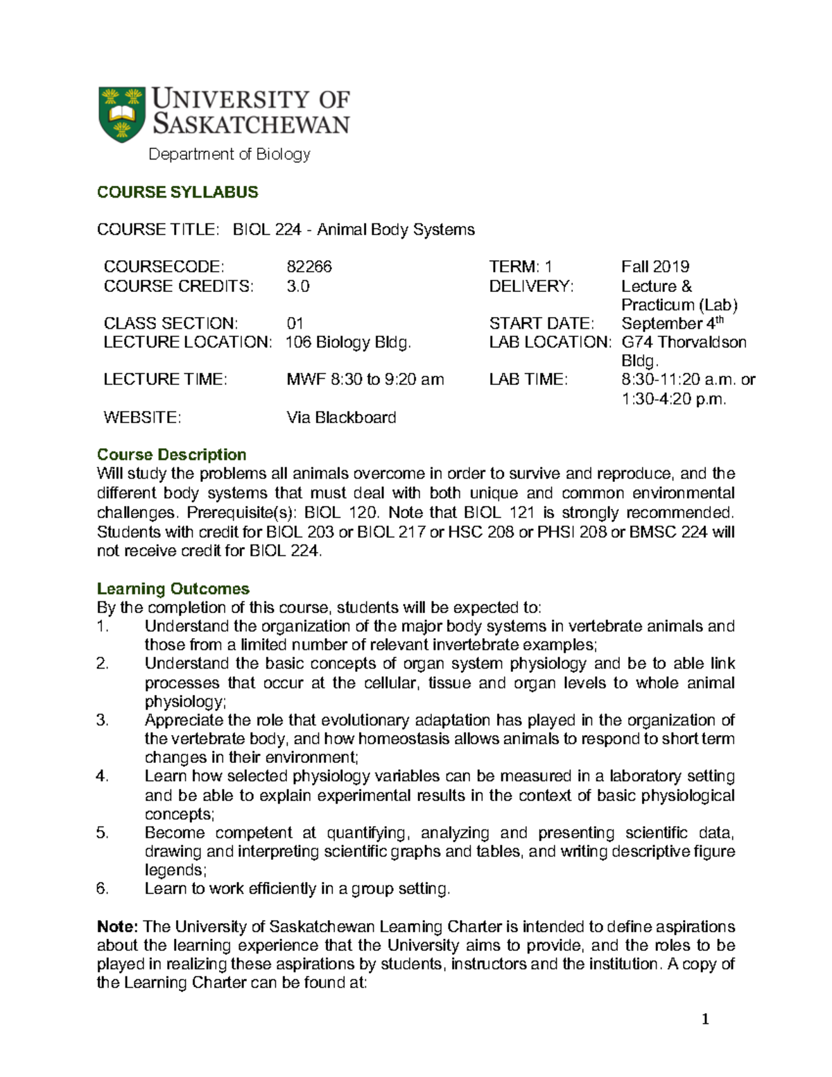 Biol 224 Fall 2019 Syllabus - Department Of Biology COURSE SYLLABUS ...