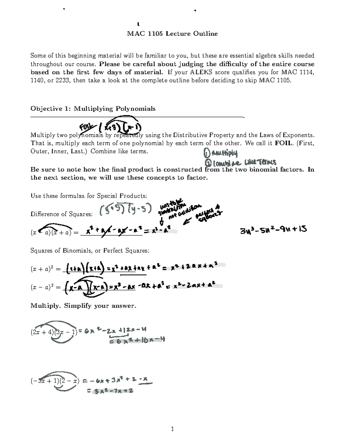 Fa22MAC1105Lec Outline Student u attia - MAC 1105 Lecture Outline Some ...