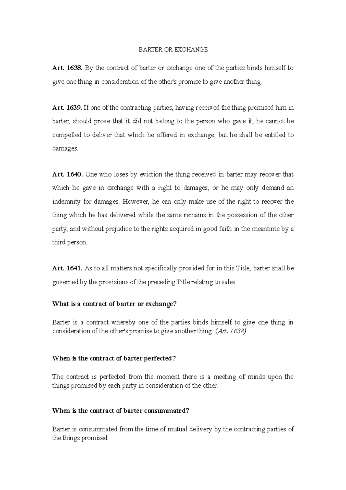 Barter or Exchange Subject Law on Sales BARTER OR EXCHANGE Art