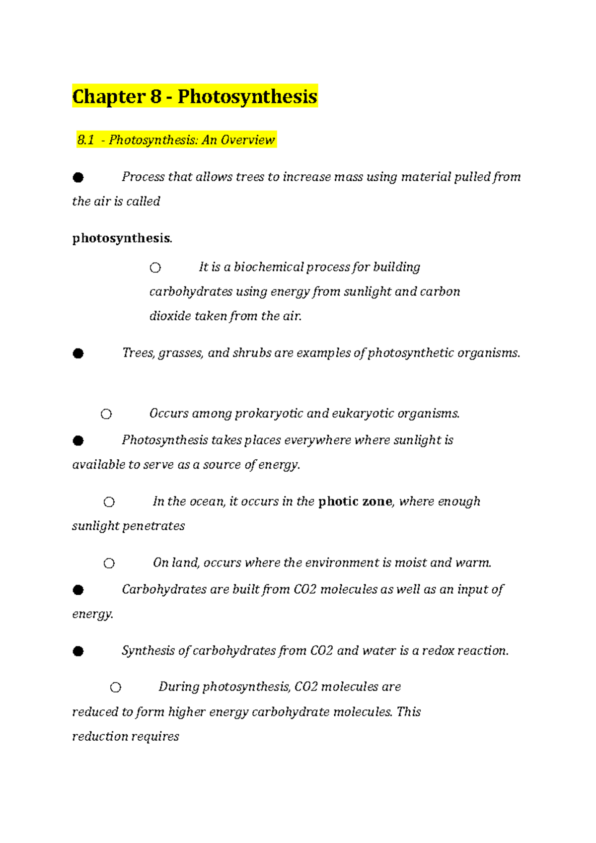 Photosynthesis Notes - Chapter 8 - Photosynthesis 8 - Photosynthesis ...