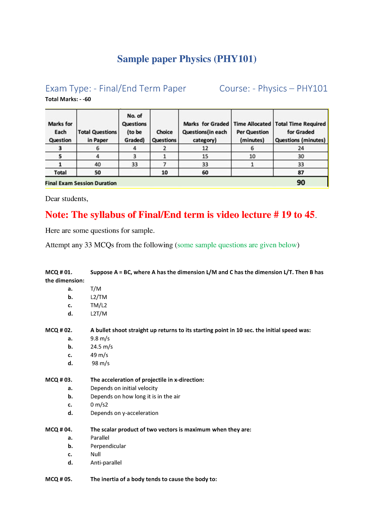 PHY101 SP - Easy - Sample Paper Physics (PHY101) Exam Type: - Final/End ...