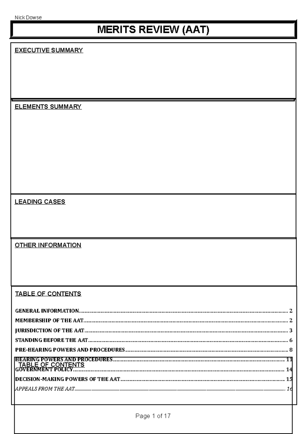 Merits Review MERITS REVIEW (AAT) LEADING CASES ELEMENTS SUMMARY