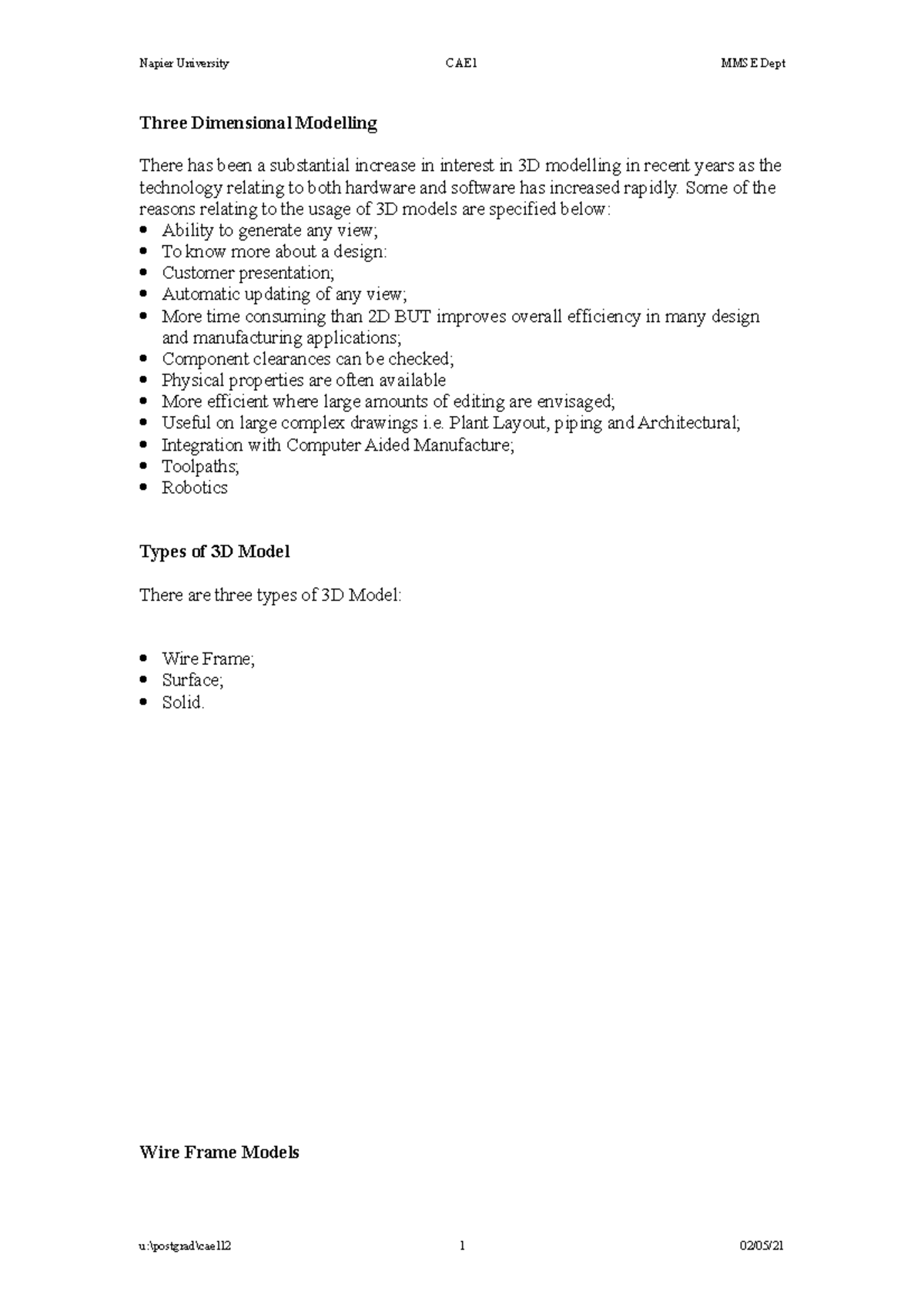 Handout 3 Wireframe - CAD notes - Napier University CAE1 MMSE Dept ...