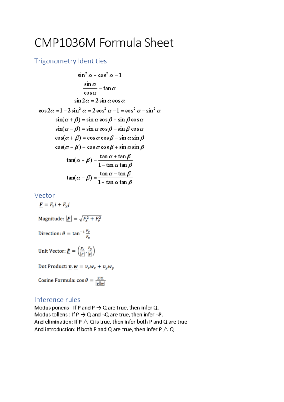 Cmp1036m Formula Sheet Lincoln Studocu