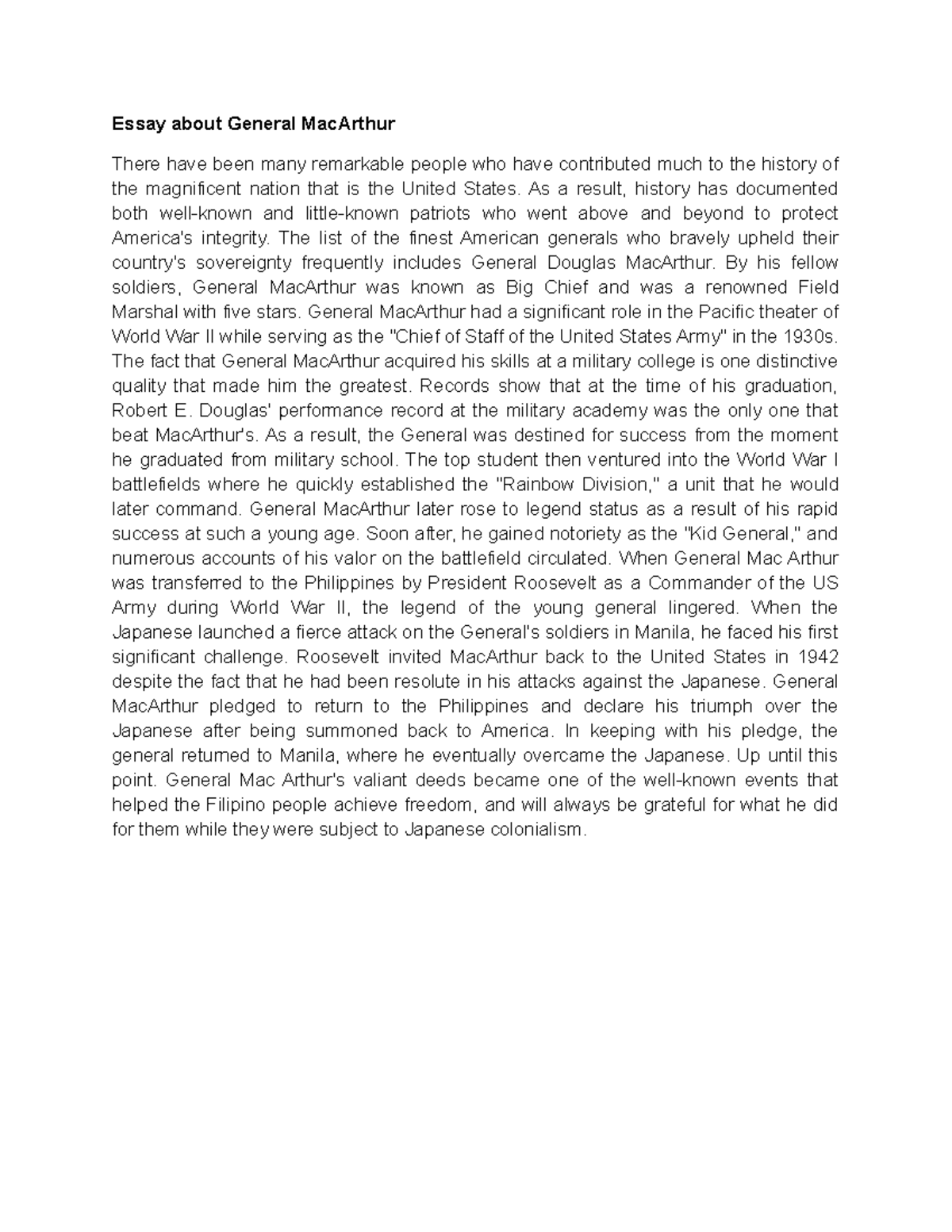 RIPH Gen Mac Arthur - Essay about General MacArthur There have been ...
