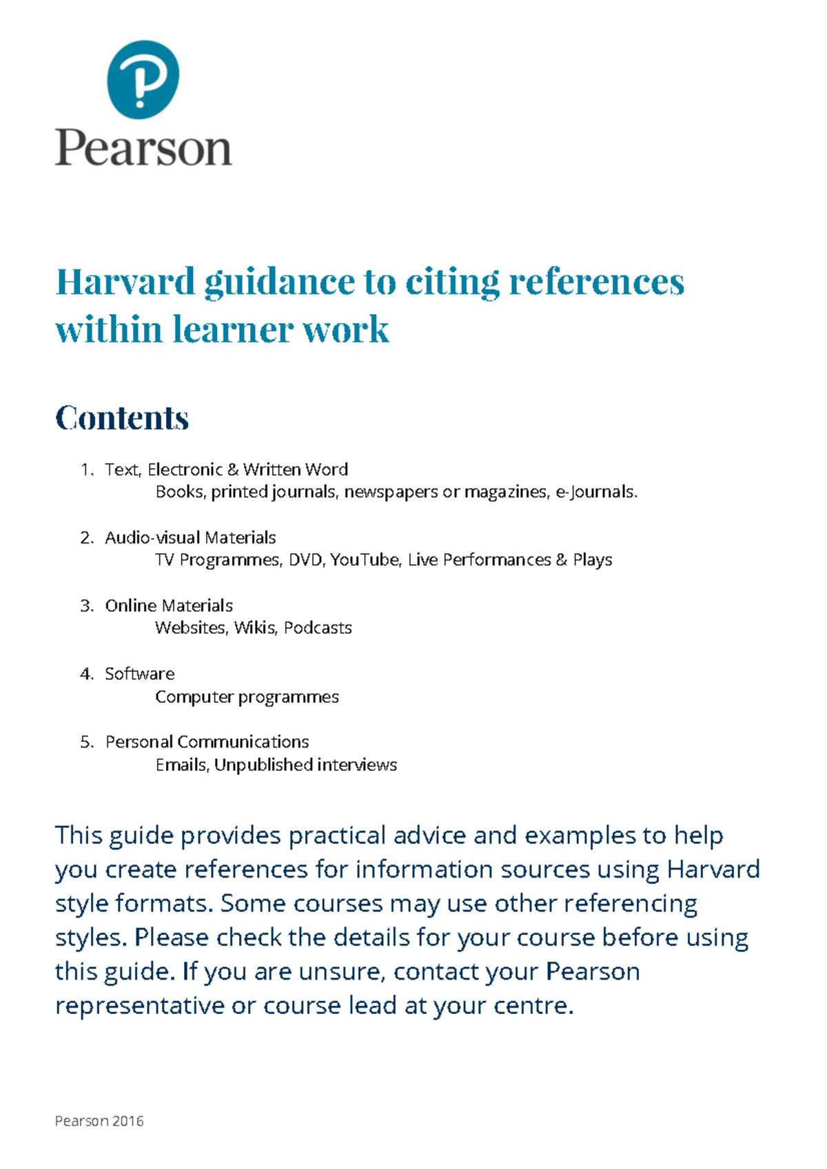 Pearson Guide to Harvard Referencing Pearson 2016 Harvard guidance to