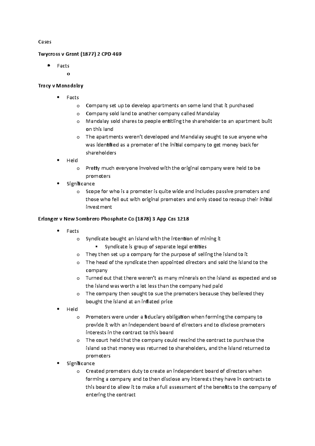 Week 3 - pre-in contracts, promoters and directors - Cases Twycross v ...