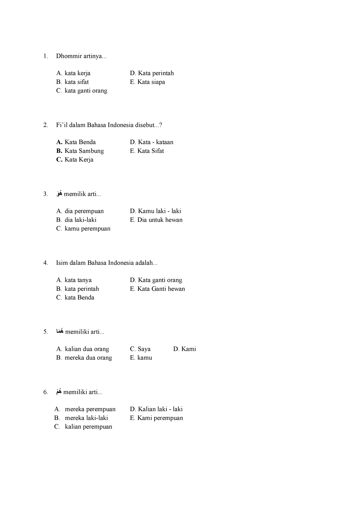 Bahasa ARAB Kelas 10 NEW - Dhommir Artinya... A. Kata Kerja D. Kata ...