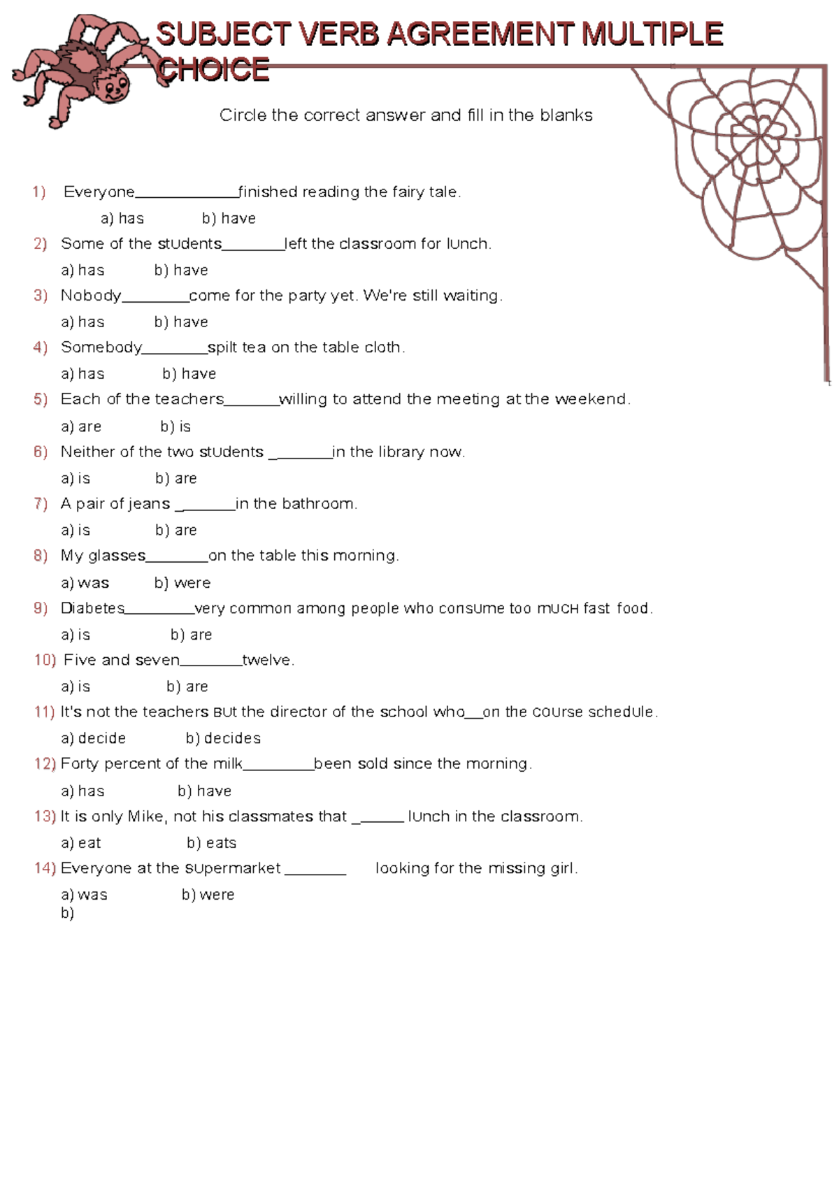 Subject verb agreement multiple choice exercises worksheet ...