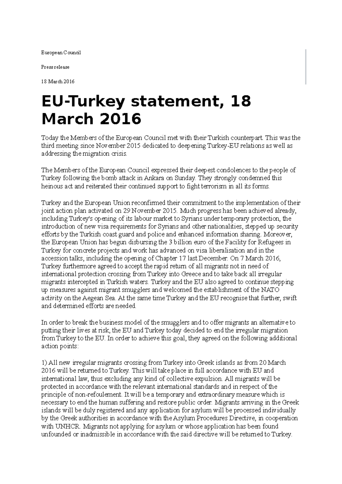 EU Turkey Deal statment European Council Press release 18 March 2016
