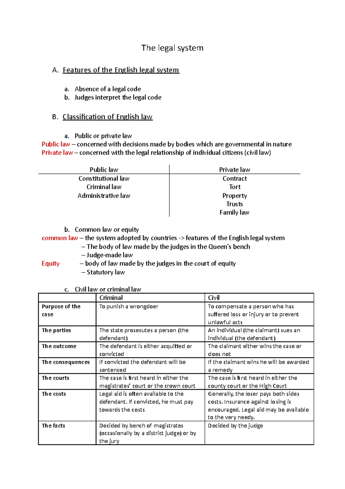 The Legal System Lecture Notes The Legal System A Features Of The 