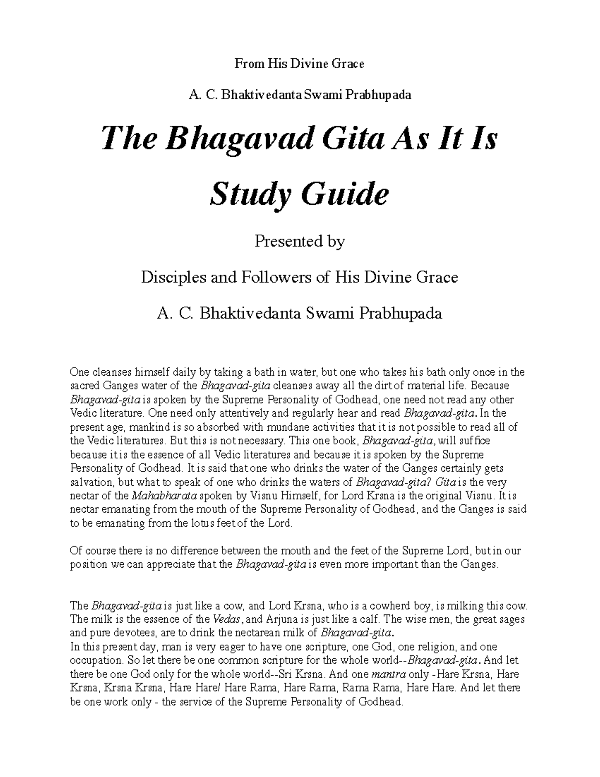 Teaching And Study Guide To Bhagavad-gita As It Is - From His Divine ...