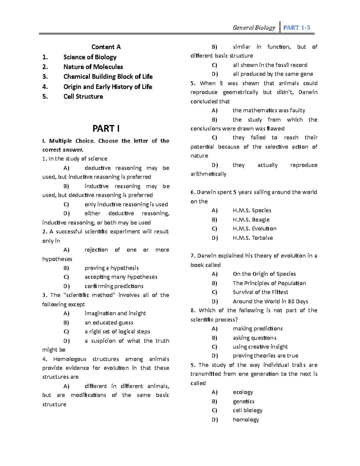 General Biology Questions Part 1 5 - Content A 1. Science of Biology 2 ...