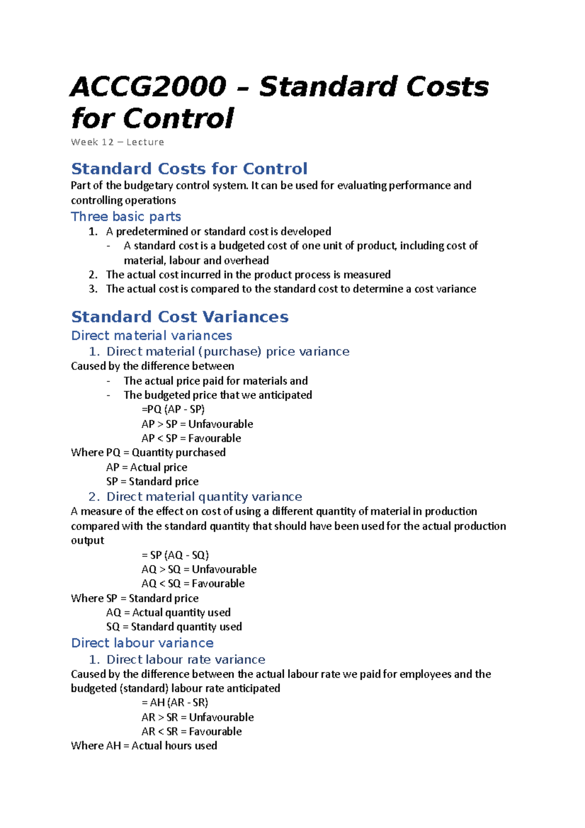 L12 Standard Costs for Control BCM202 MQ Studocu