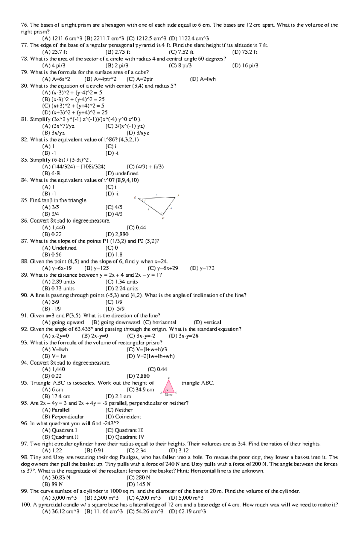 Preboard Exam GEAS 76 100 - The bases of a right prism are a hexagon ...