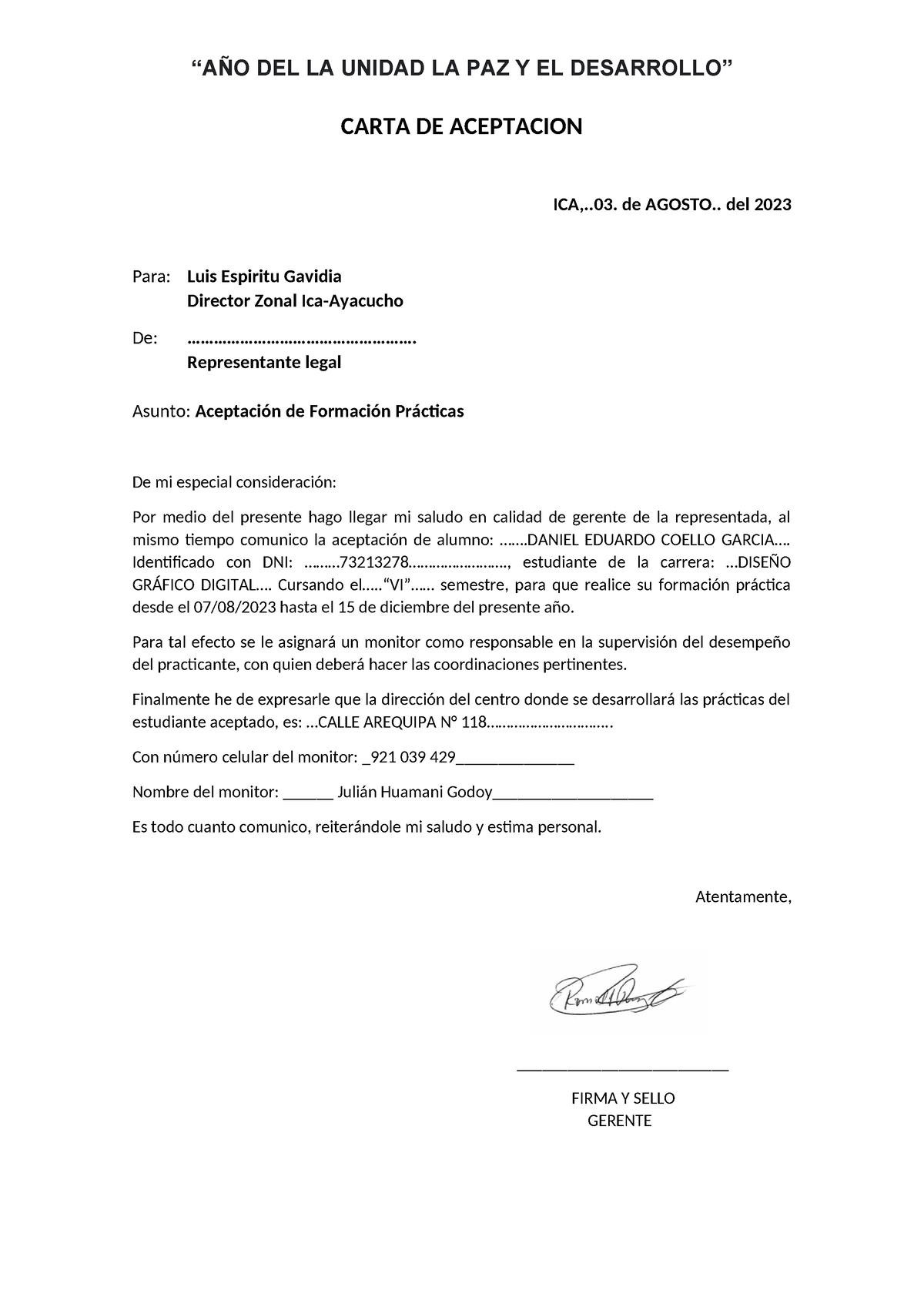 Carta DE Aceptación - asdfesareff - “AÑO DEL LA UNIDAD LA PAZ Y EL ...