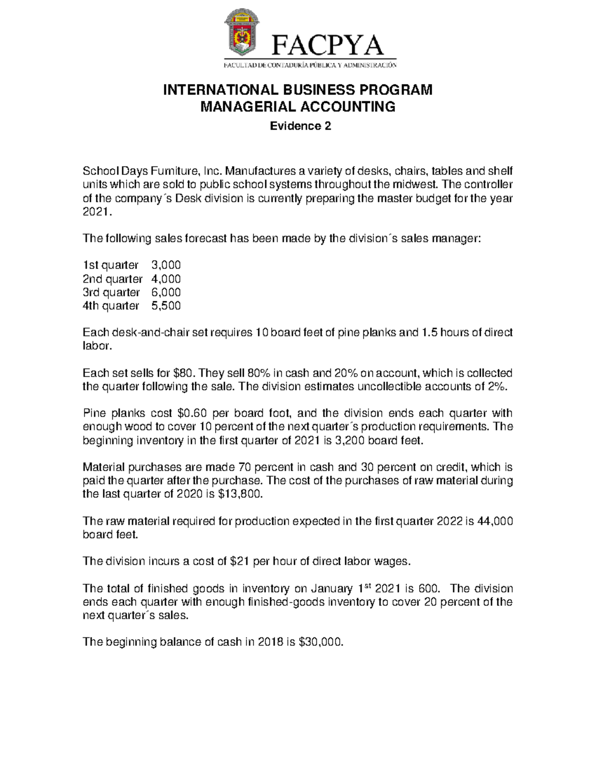 The Master Budget - Evidence 2 - INTERNATIONAL BUSINESS PROGRAM ...