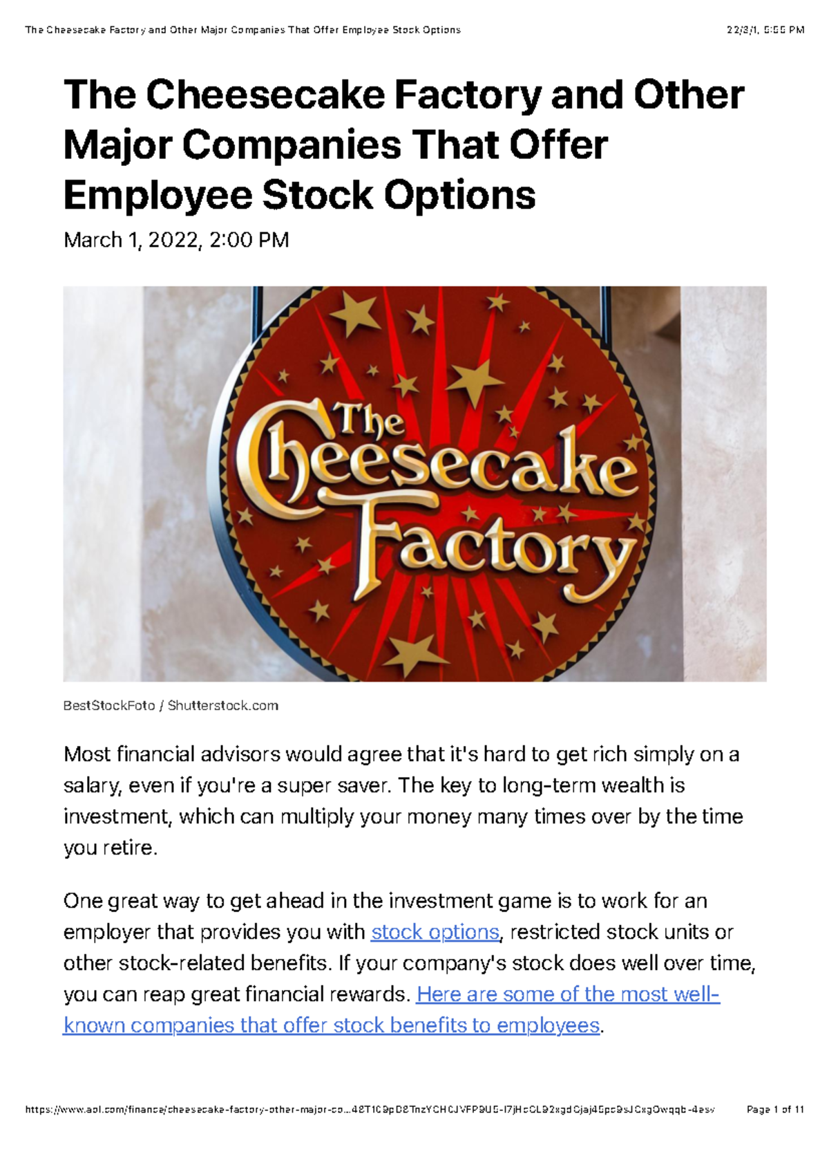 2. The Cheesecake Factory and Other Major Companies That Offer Employee Stock Options The