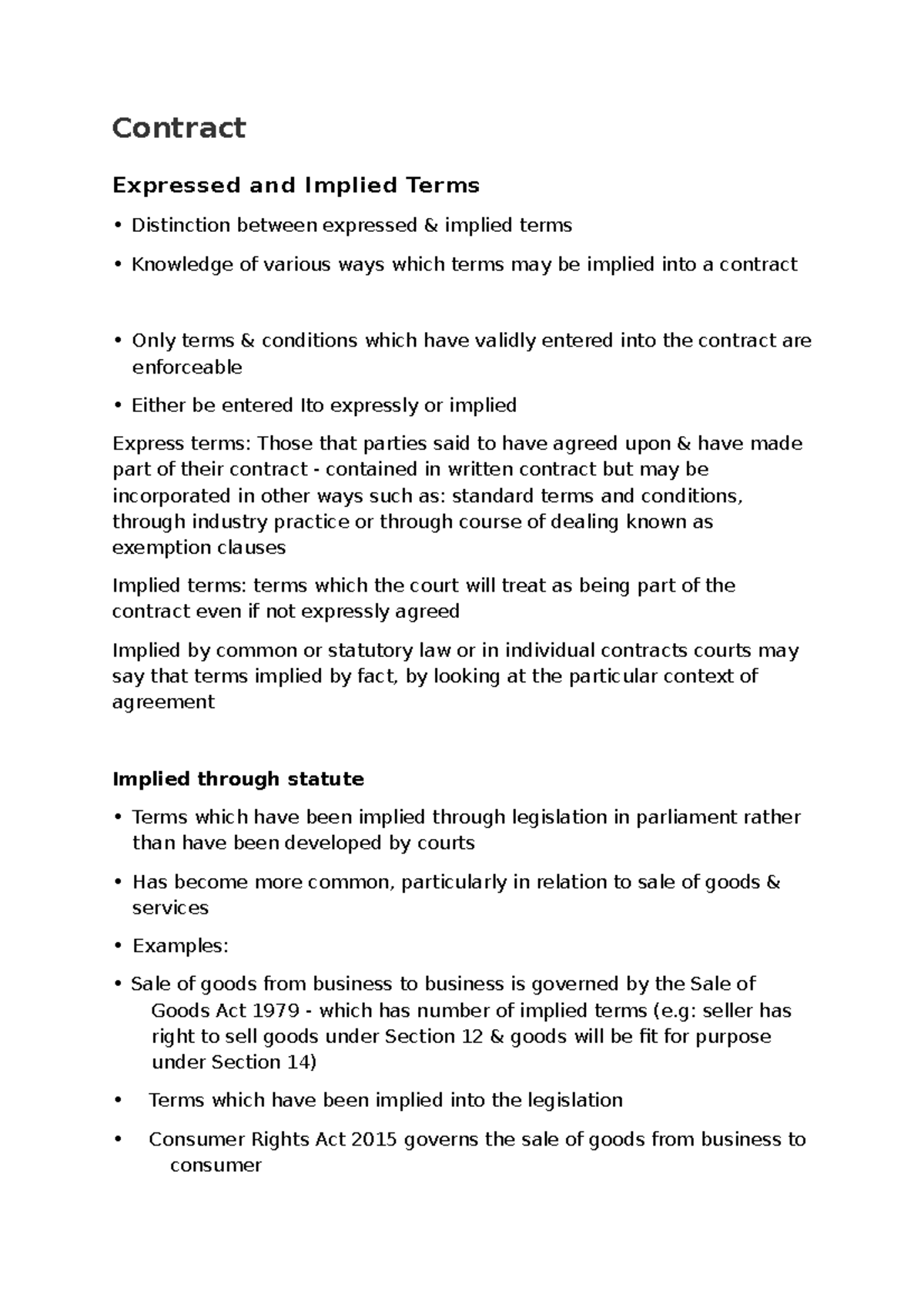 Contract Notes 7 - Contract Expressed and Implied Terms Distinction ...