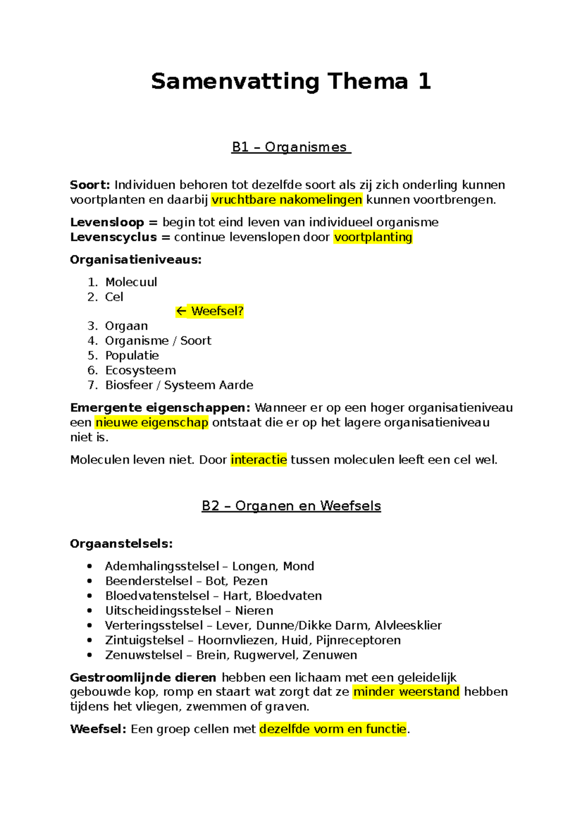 Thema 1 Samenvatting - Biologie - Samenvatting Thema 1 B1 – Organismes ...