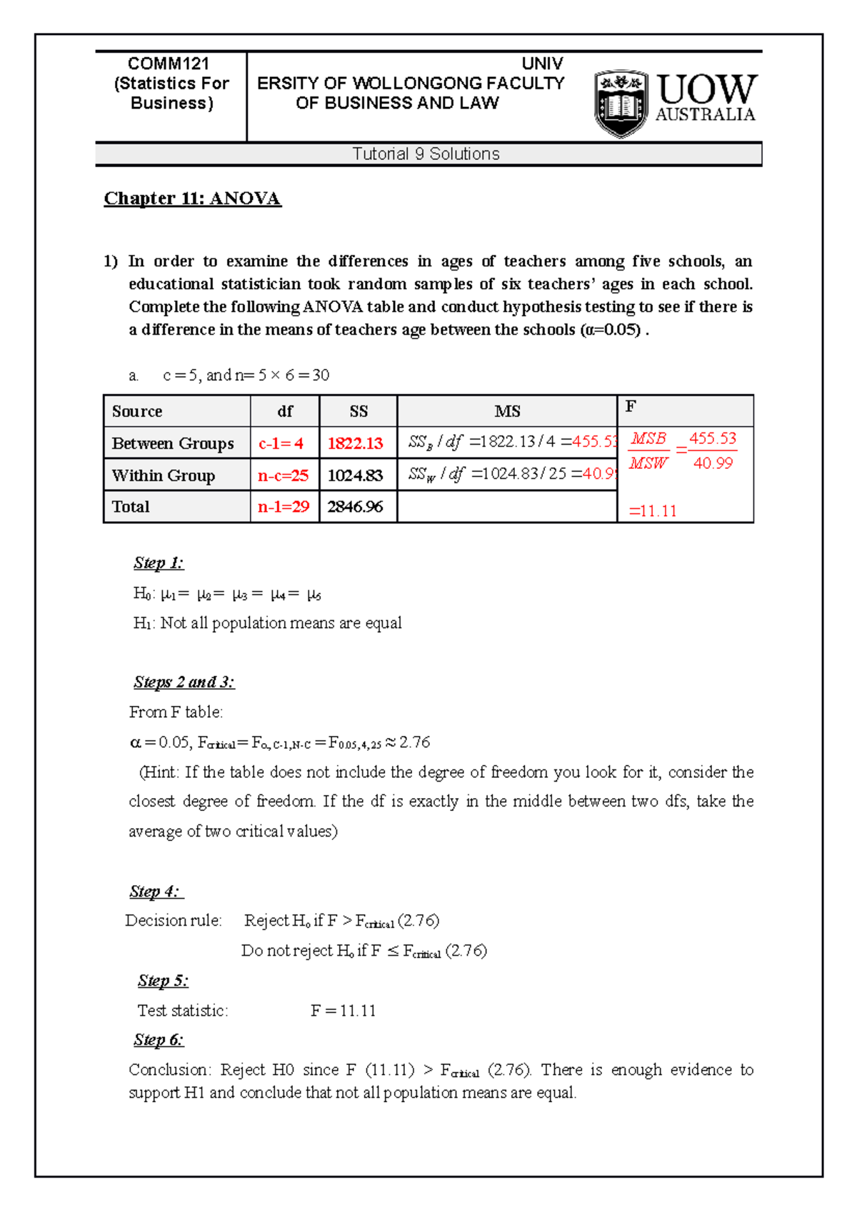 COMM121 09 Solutions Chapter 11 - COMM (Statistics For Business) UNIV ...