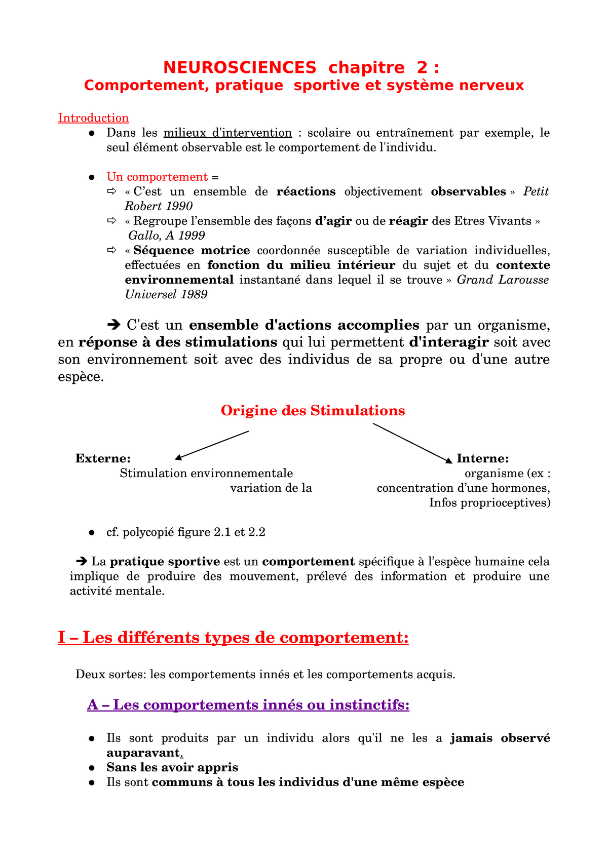 Neurosciences Chapitre 2 Neurosciences Chapitre 2 Comportement Pratique Sportive Et Systeme Studocu