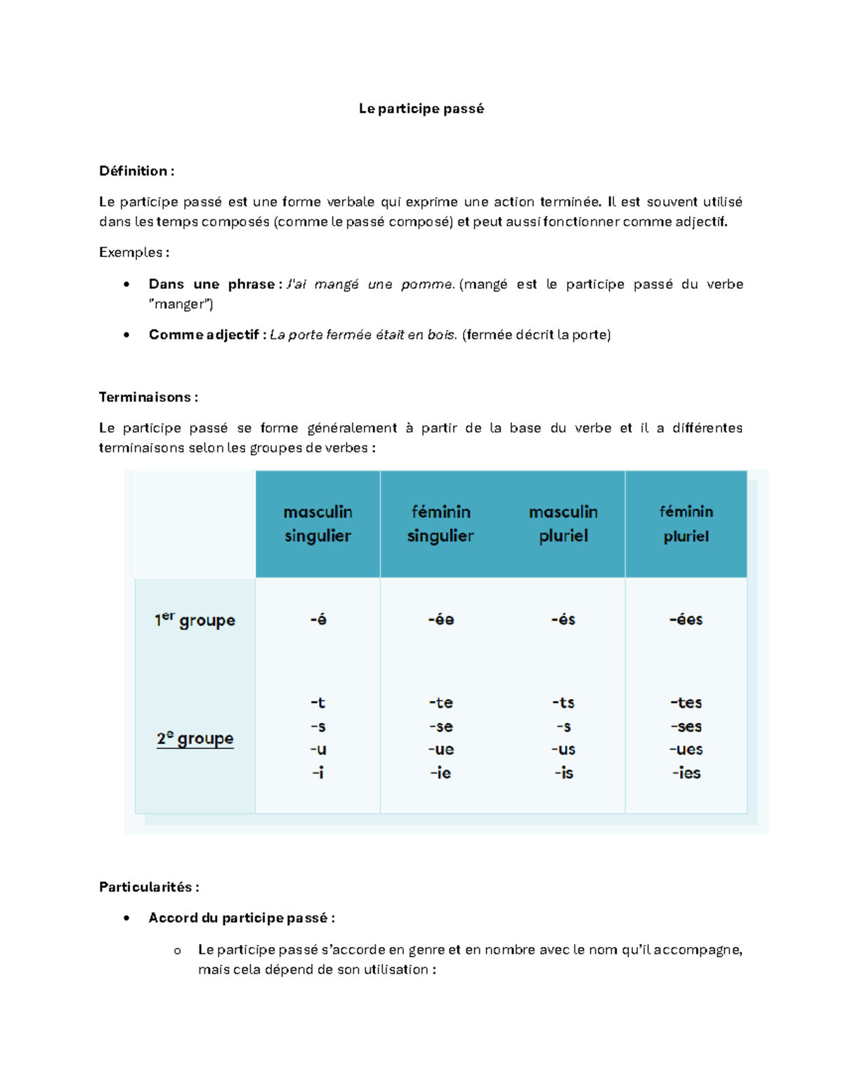Notes de cours sur le participe passé - Le participe passé Définition ...